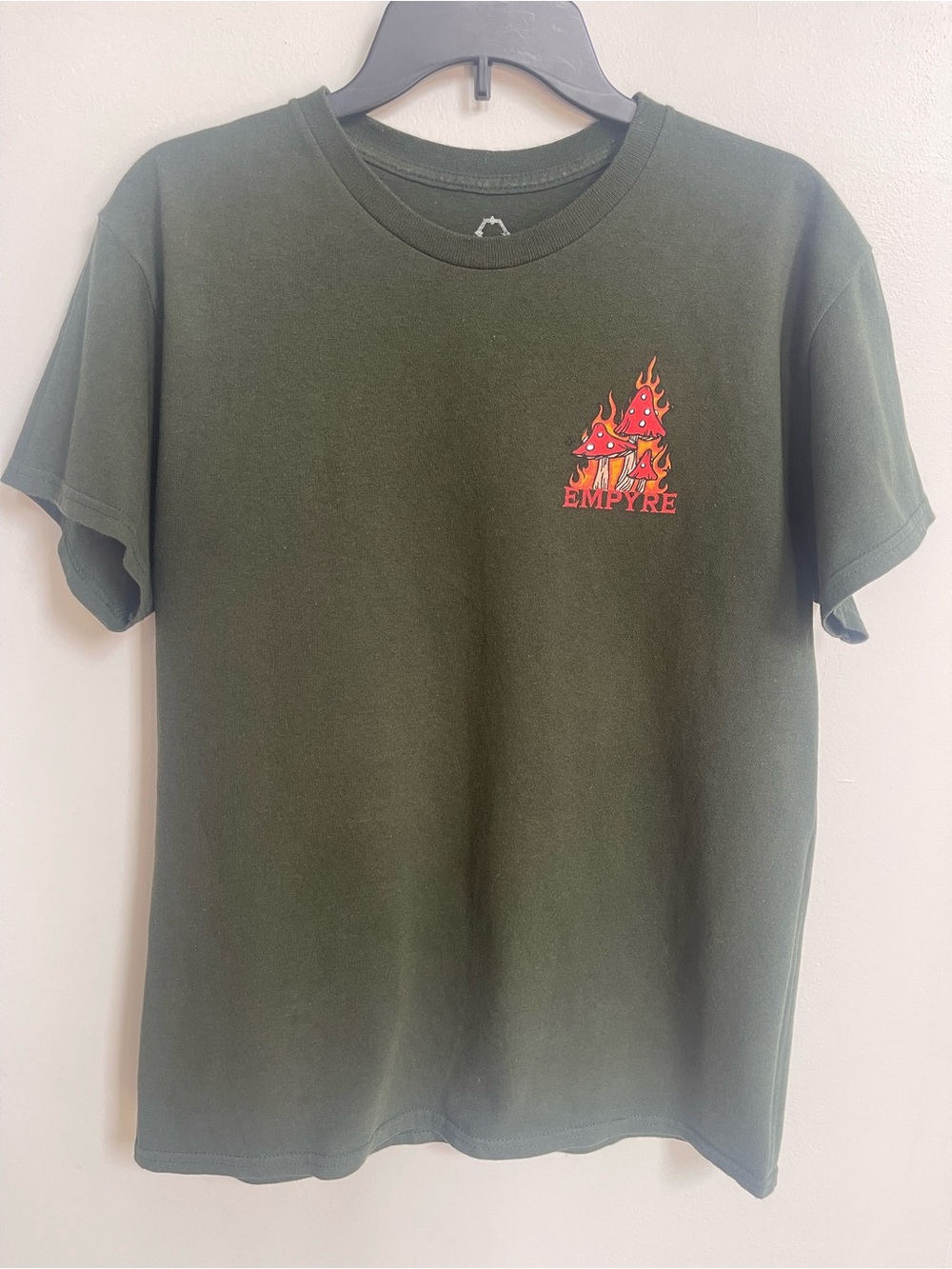 Empyre Olive Green Tee with Flaming Red Mushroom Chest Graphic